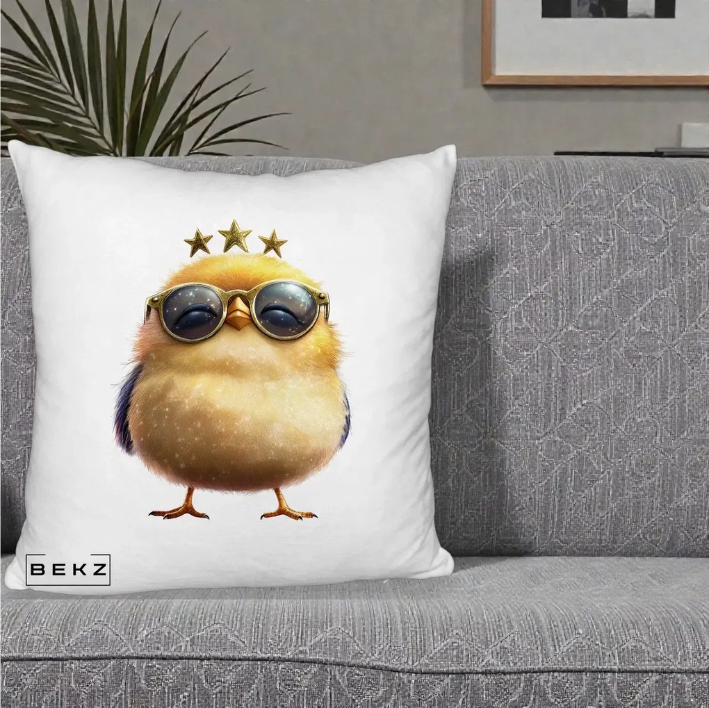 Perna Decorativa Pui Gold Star cu Ochelari Aurii, 40x40 cm, Alb Pufos, Husa Detasabila, Perna Inclusa, BEKZ®
