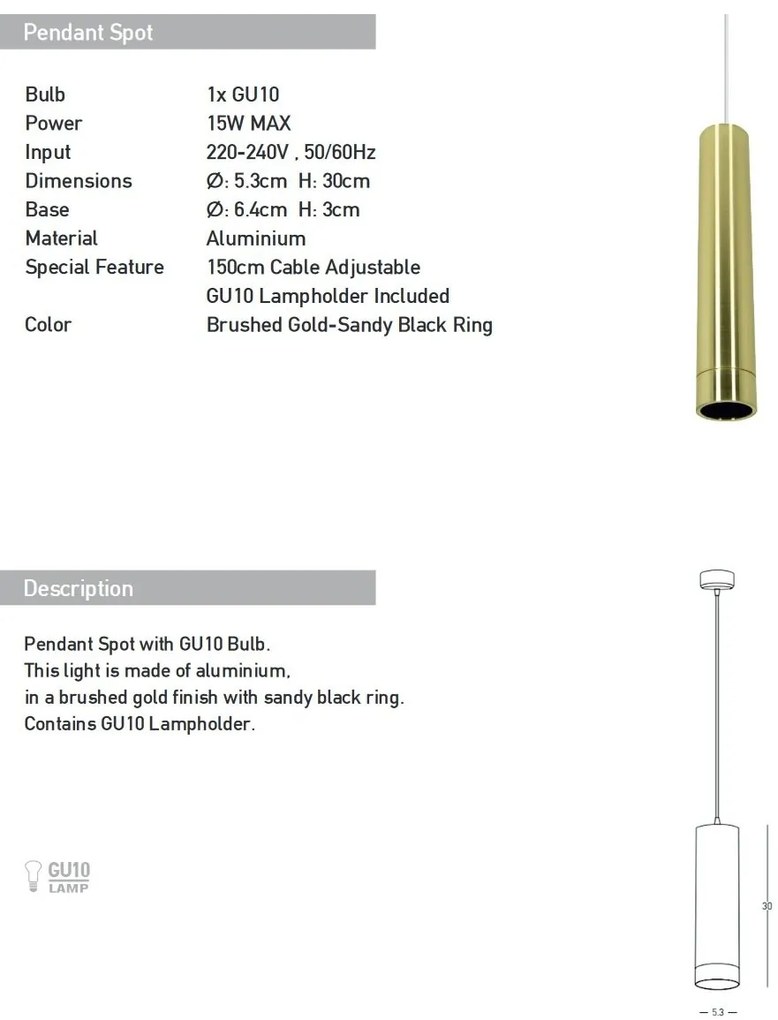 Pendul cu Spot stil minimalist GU10 Tube auriu