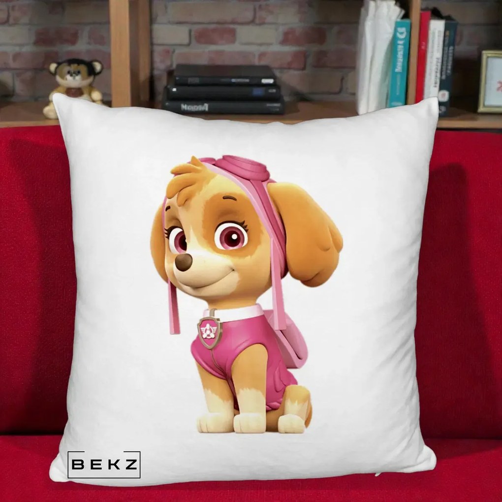 Perna Personalizata Skye PAW Patrol Roz, 40x40 cm, Alb Pufos, Husa Detasabila, Perna Inclusa, BEKZ®