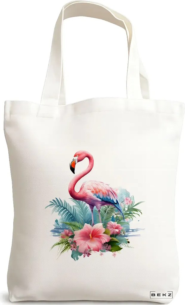Sacosa de Panza pentru Cumparaturi, Geanta Tote, model Flamingo 5 38 x 34.5 cm, Alba, BEKZ®