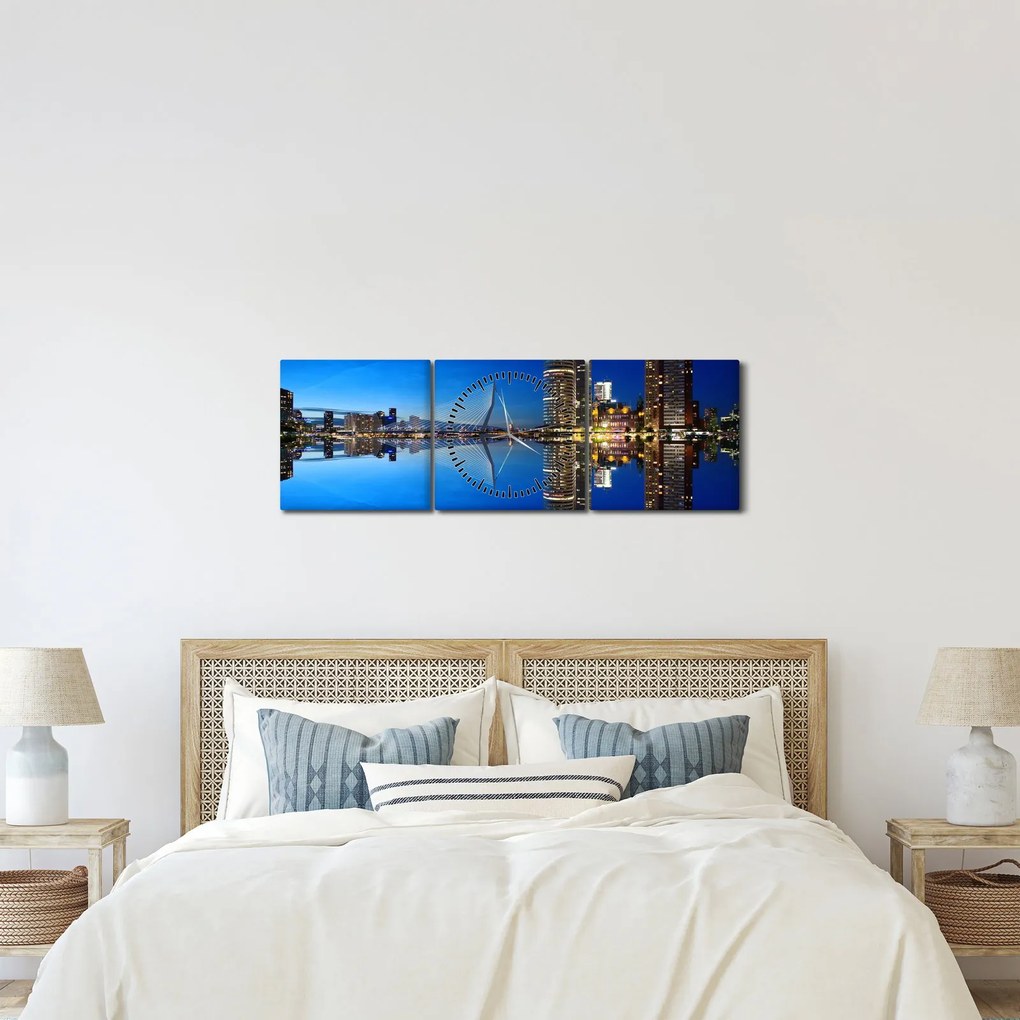 Tablou - Rotterdam nocturn (cu ceas) (90x30 cm)
