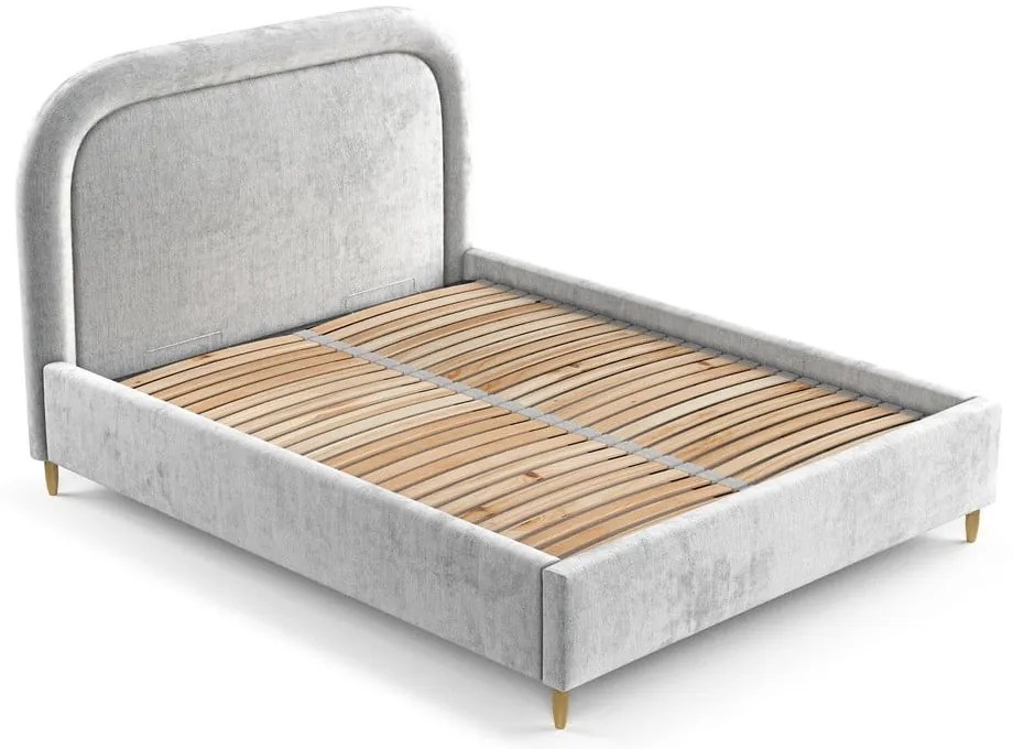 Pat matrimonial gri deschis tapițat cu spațiu de depozitare cu somieră 160x200 cm Mija – Maison de Rêve