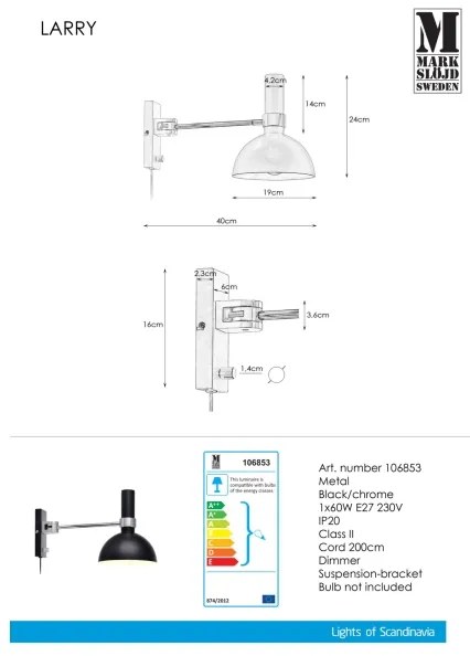 Markslöjd 106970 - Aplică perete dimmabilă LARRY 1xE27/60W/230V