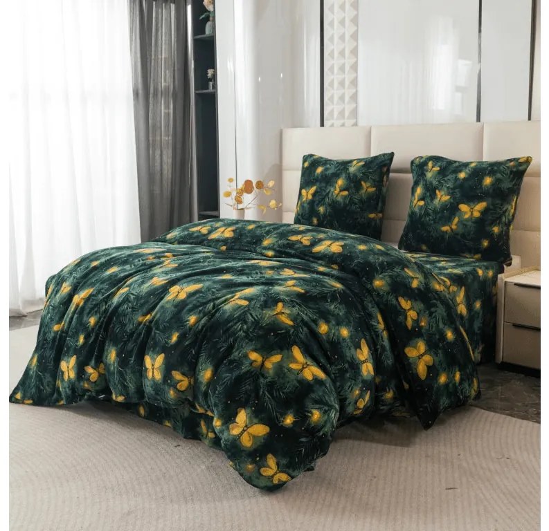 Lenjerie cocolino YELLOW BUTTERFLY verde inchis Dimensiune lenjerie de pat: 2 buc 70 x 90 cm | 200 x 220 cm