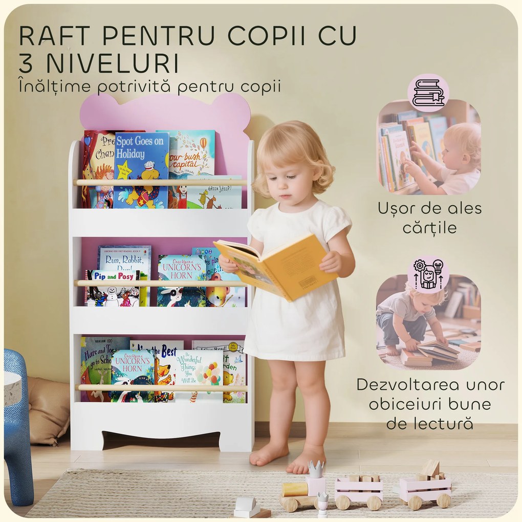 AIYAPLAY Bibliotecă pentru Copii 3 Rafturi în Formă de Ursuleț 55x15x110 cm, Roz | Aosom Romania
