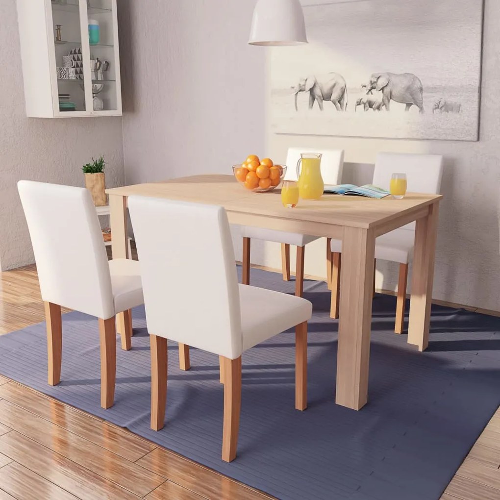 243528 vidaXL Masă și scaune 5 piese, piele artificială, stejar, crem