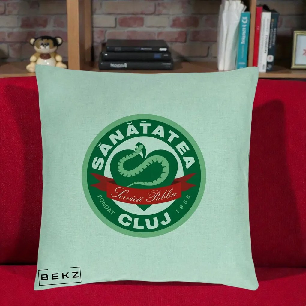 Perna Personalizata Sanatatea Cluj Servicii Publice 1986, 40x40 cm, Verde Menta, Husa Detasabila, Perna Inclusa, BEKZ®