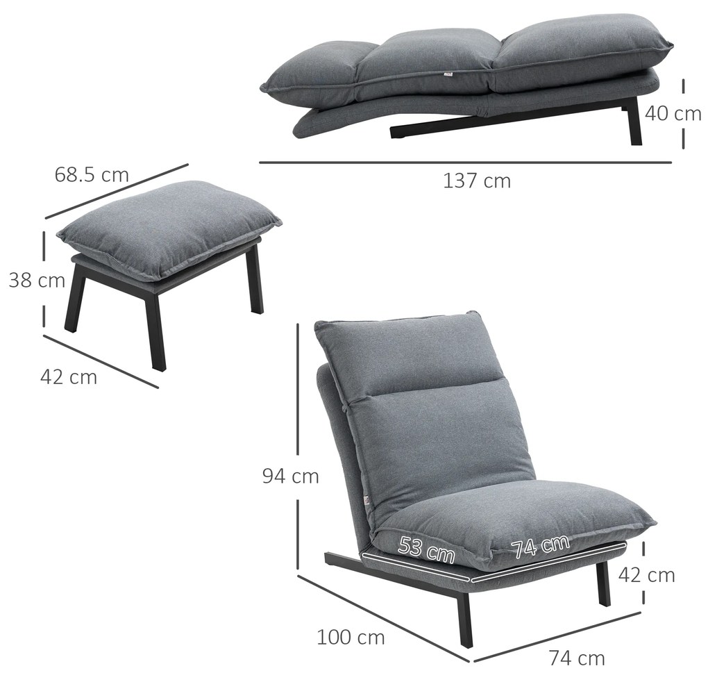 HOMCOM Fotoliu cu 4 nivele de relaxare cu fotoliu de picior cu otoman din material textil | Aosom Romania