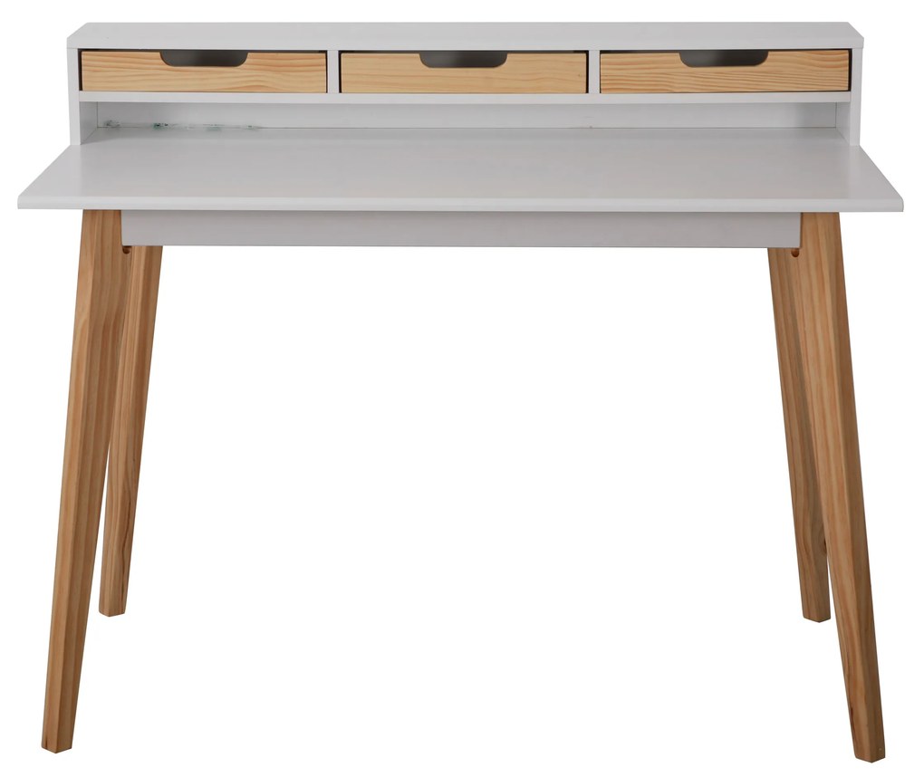 Birou din MDF/pin cu spatiu de depozitare alb/maro 110 cm