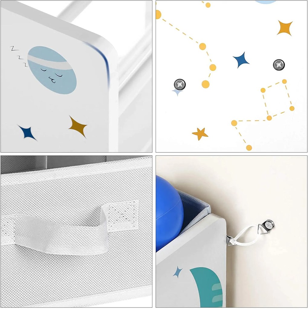 Raft pentru jucării UNIVERSUL, 9 cutii, 62,5x29,5x60cm, alb cu autocolante SongmicsHome