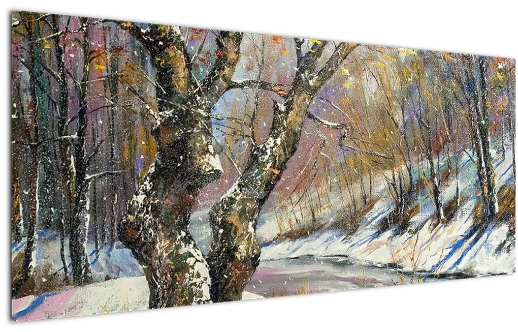 Tablou cu peisaj de iarnă pictat (120x50 cm)