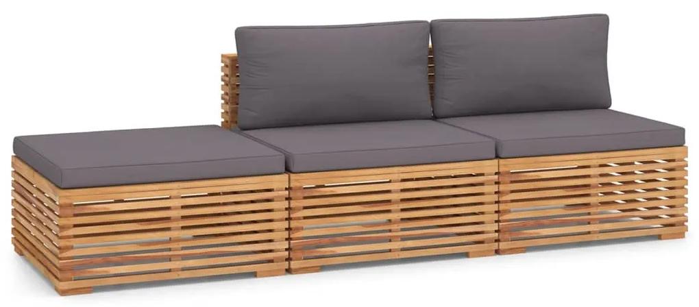 Set mobilier gradina cu perne gri inchis 3 piese lemn masiv tec Morke gra, 2x mijloc + suport pentru picioare, 1