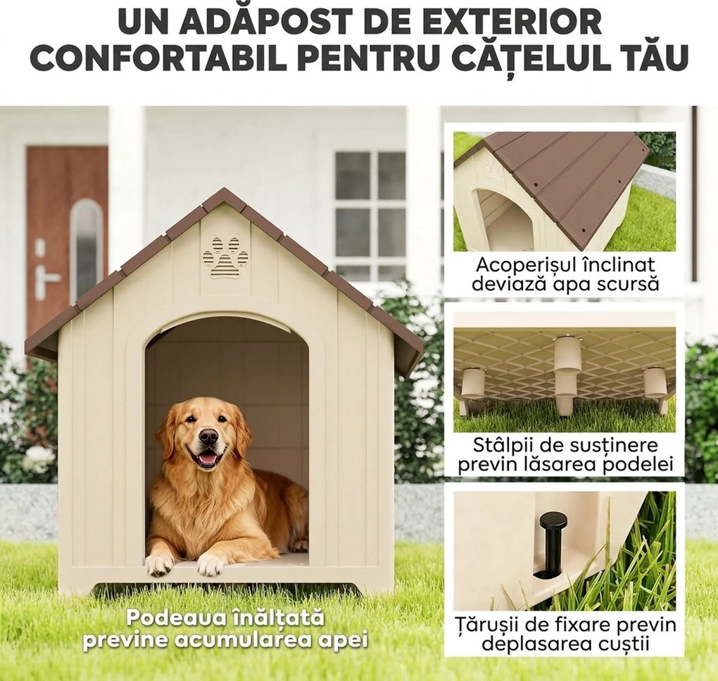 PawHut Căsuță pentru câini de talie medie și mare, ridicată, cu acoperiș înclinat, guri de aerisire și cuie, căsuță din PP, 88x78x89 cm, Bej și Maro Închis | Aosom Romania