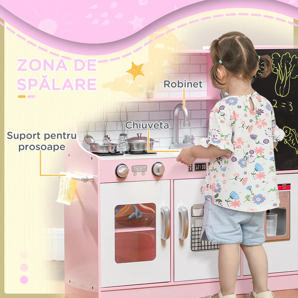 AIYAPLAY Bucătărie de Jucărie din Lemn pentru Copii 3-8 Ani cu Accesorii Roz | Aosom Romania