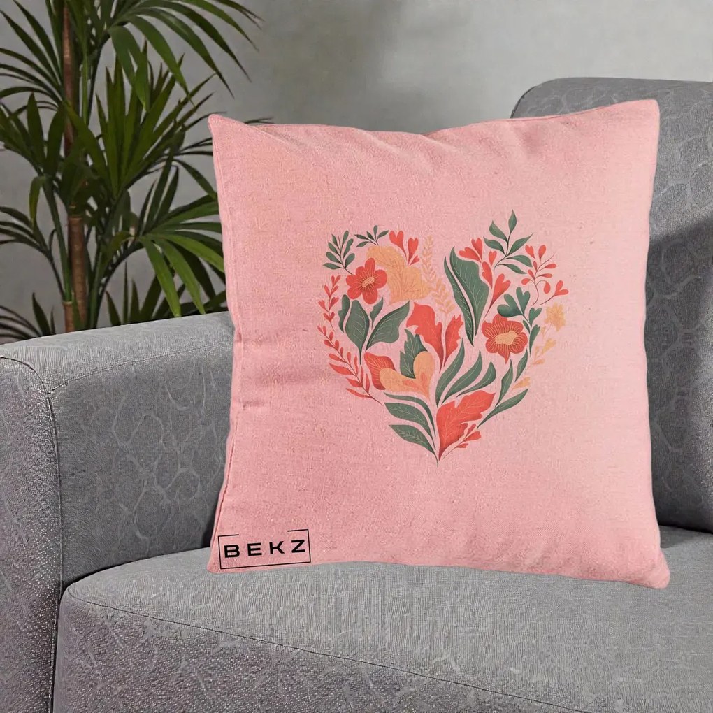 Perna Decorativa Inima Florala Botanica, 40x40 cm, Roz, Husa Detasabila, Perna Inclusa, BEKZ®