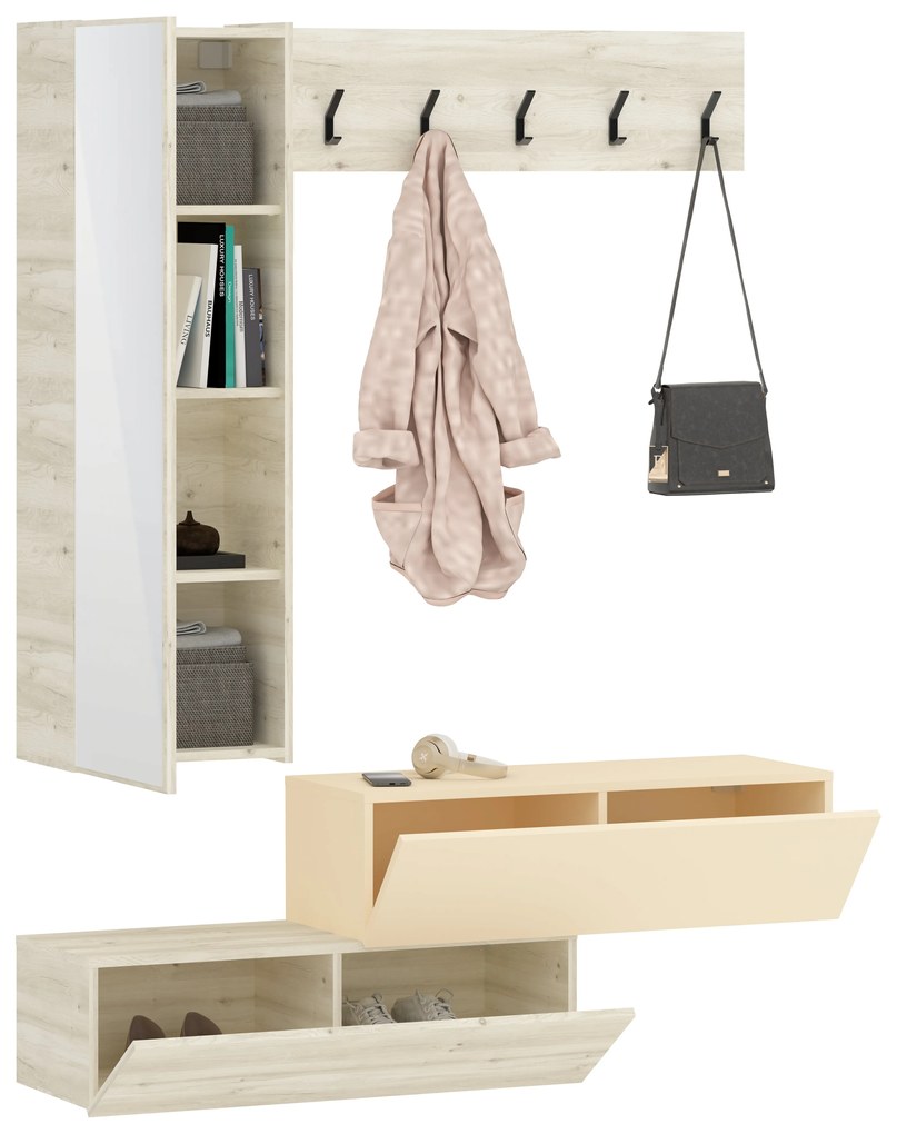 Cuier Diego, Stejar Alb/Crem Satin, 140 x 28 x 180 cm