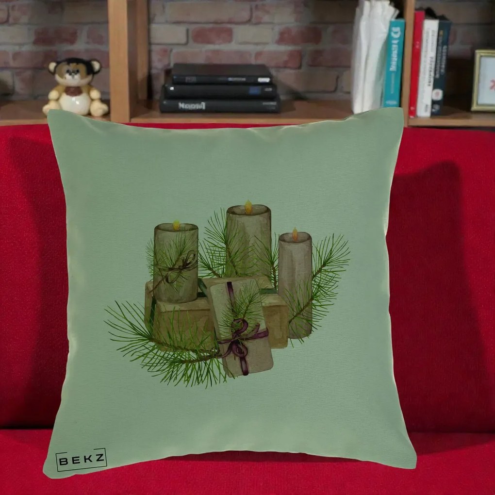 Perna Decorativa Lumanari cu Cadouri Naturale, 40x40 cm, Verde, Husa Detasabila, Perna Inclusa, BEKZ®