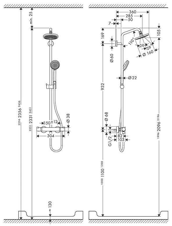 Set de dus, Hansgrohe, Croma 160, 1 jet, cu baterie termostatata, crom