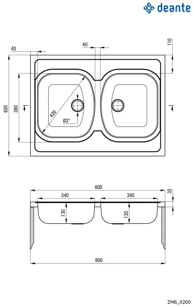 Chiuvetă din inox, 2-cuve - pe mască, Tango, ZM6_0200