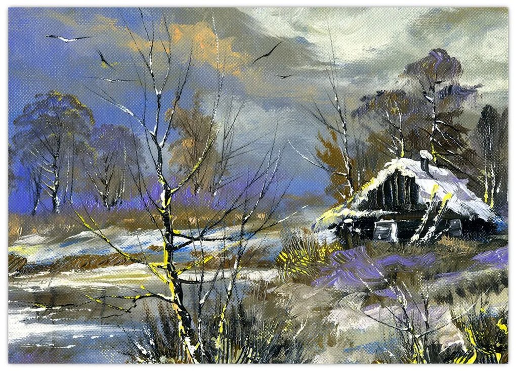 Tablou pe sticlă -Cabane într-un peisaj de iarnă, pictură în ulei (70x50 cm)