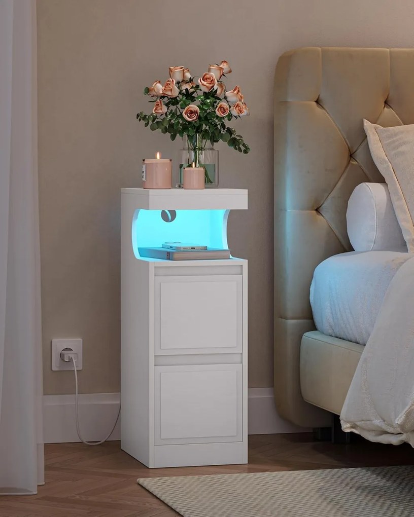 NOA79 - Set 2 Noptiere, 24 cm, foarte inguste, cu LED, 2 Sertare si Raft - Alb