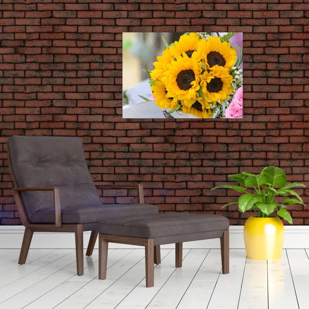 Tablou pe sticlă cu buchetul miresii de floarea soarelui (70x50 cm)