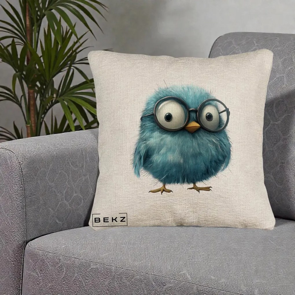 Perna Decorativa Pui Pufos Teal cu Ochelari, 40x40 cm, Bej Canapea, Husa Detasabila, Perna Inclusa, BEKZ®