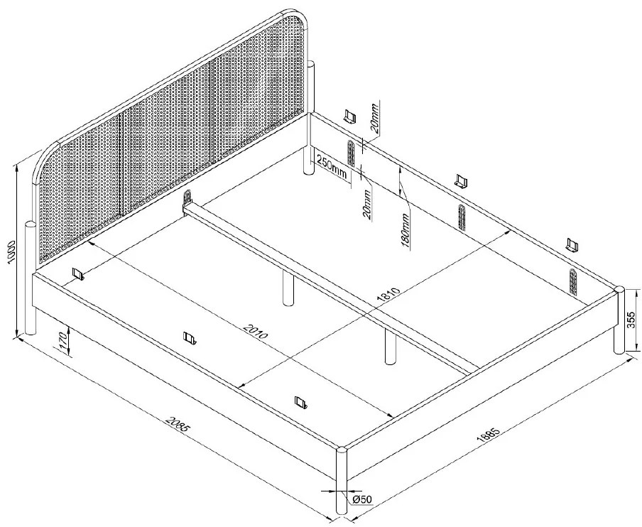 Pat dublu OLIVE, 180 x 200 cm, cu tăblie rotunjită din rattan și aspect lemn de stejar, design modern, fără somieră inclusă, cu noptieră cu două