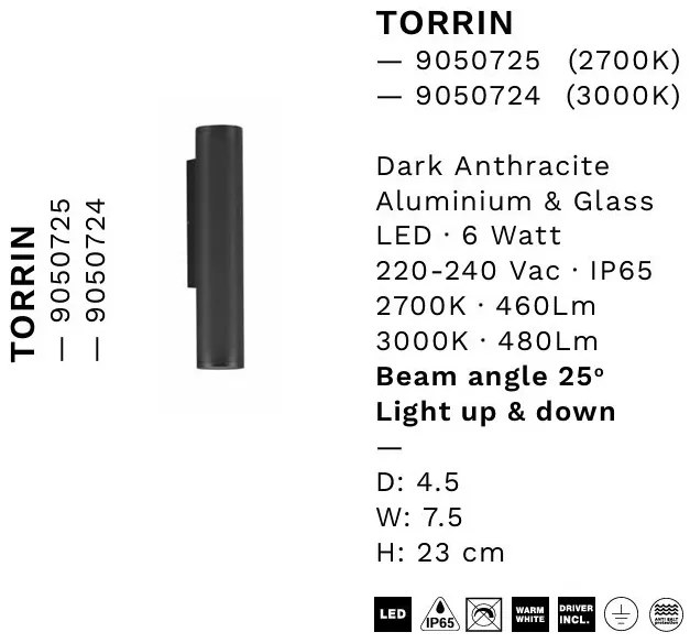Aplica exterior cu iluminat sus si jos LED 2700K IP65 TORRIN antracit