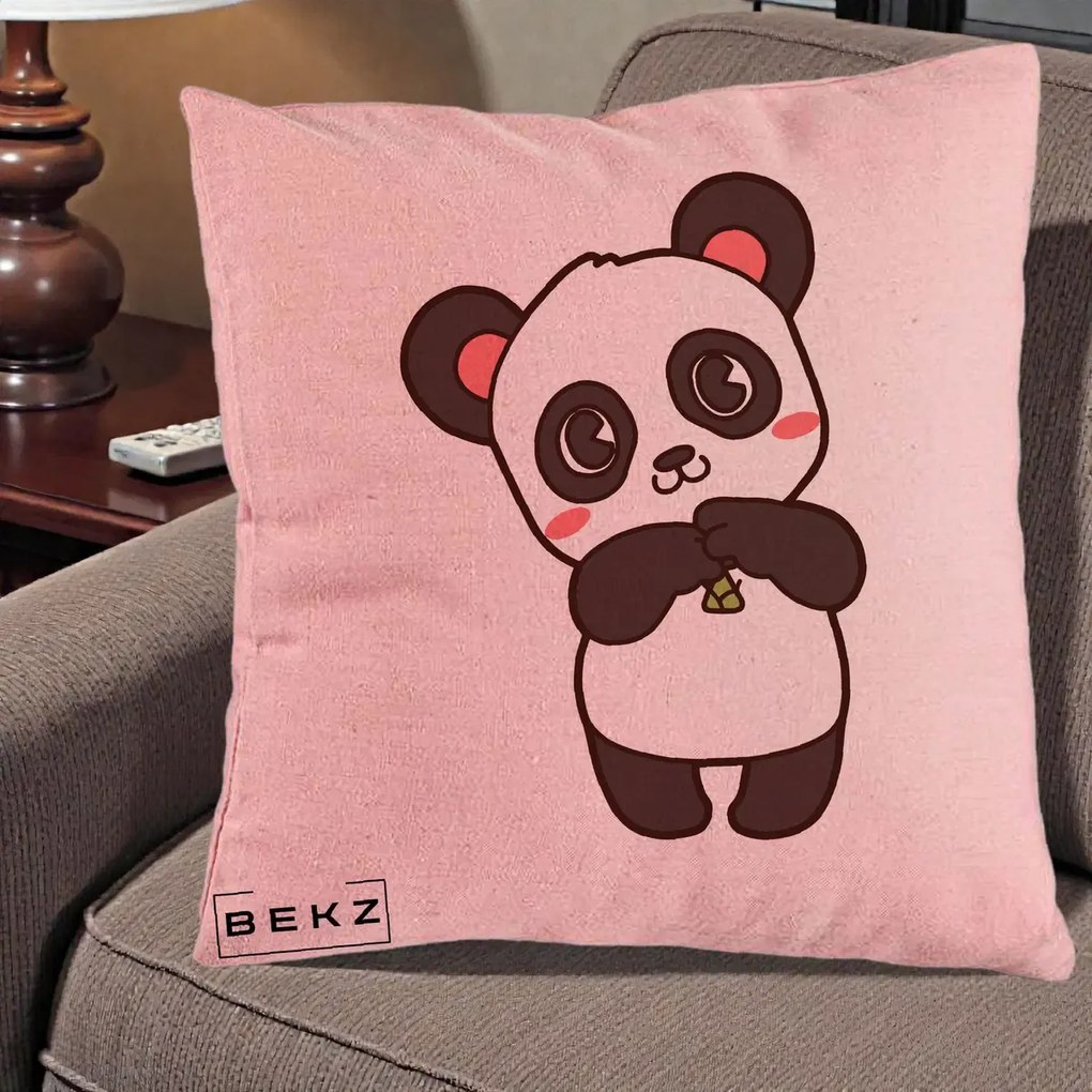 Perna Personalizata Panda Kawaii cu Bambus, 40x40 cm, Roz, Husa Detasabila, Perna Inclusa, BEKZ®