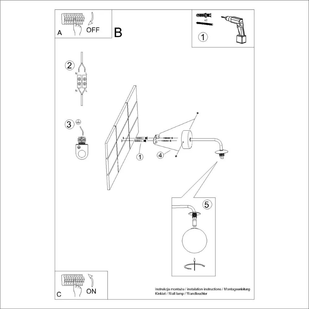 Aplică de perete neagră-albă Beam – Sollux