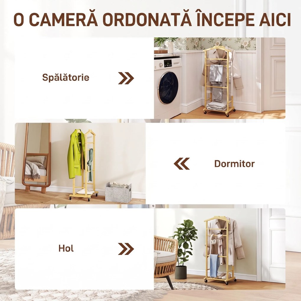 HOMCOM Suport de haine 4 în 1 pe roți din lemn de bambus, 47x33.7x105.5 cm | Aosom Romania