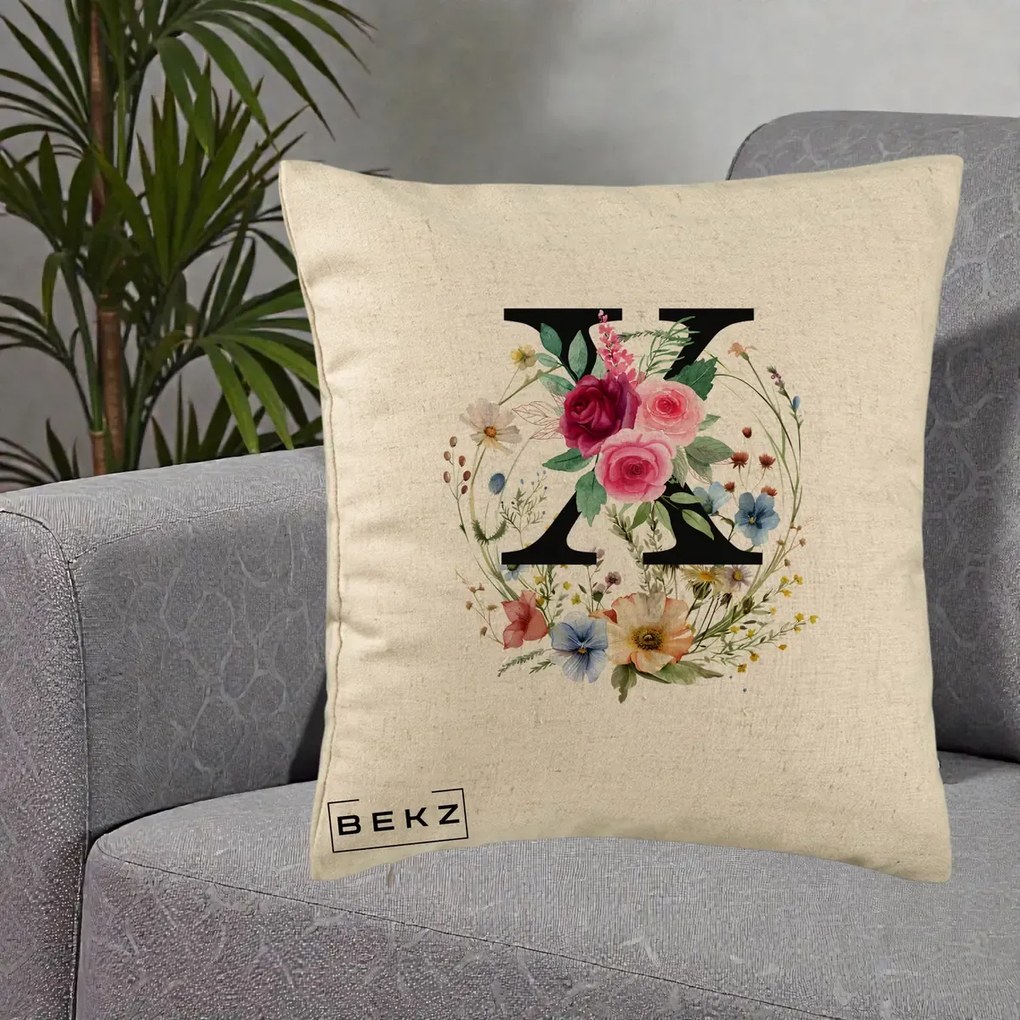 Cadou Personalizat - Perna Personalizata Monograma Florala Litera X cu Coroana, 40x40 cm, Bej, Husa Detasabila, Perna Inclusa, BEKZ®