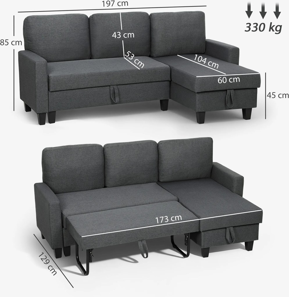 HOMCOM Canapea Extensibilă cu 3 Locuri cu Șezlong și Spațiu de Depozitare, 197x129x85 cm, Gri Închis | Aosom Romania