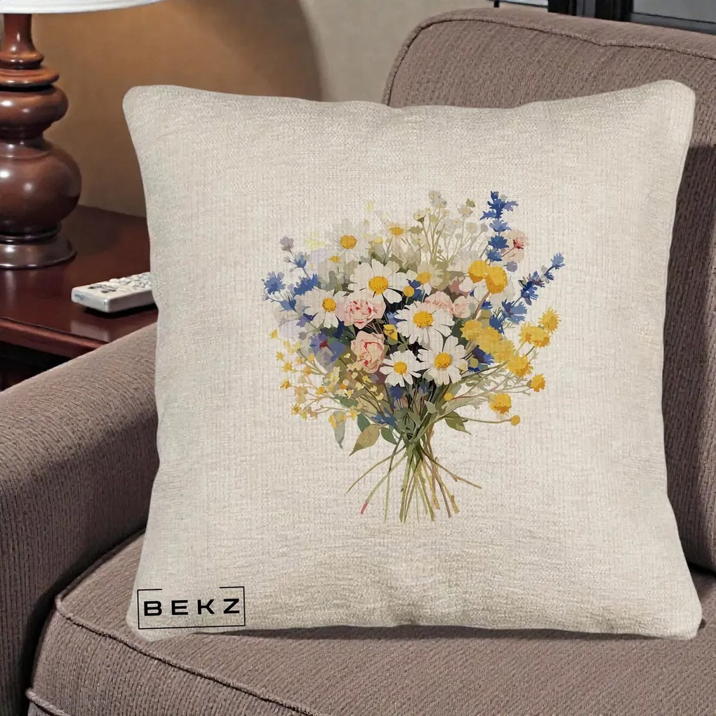 Perna Decorativa Buchet Camp Acuarela Margarete-Lavanda, 40x40 cm, Bej Canapea, Husa Detasabila, Perna Inclusa, BEKZ®