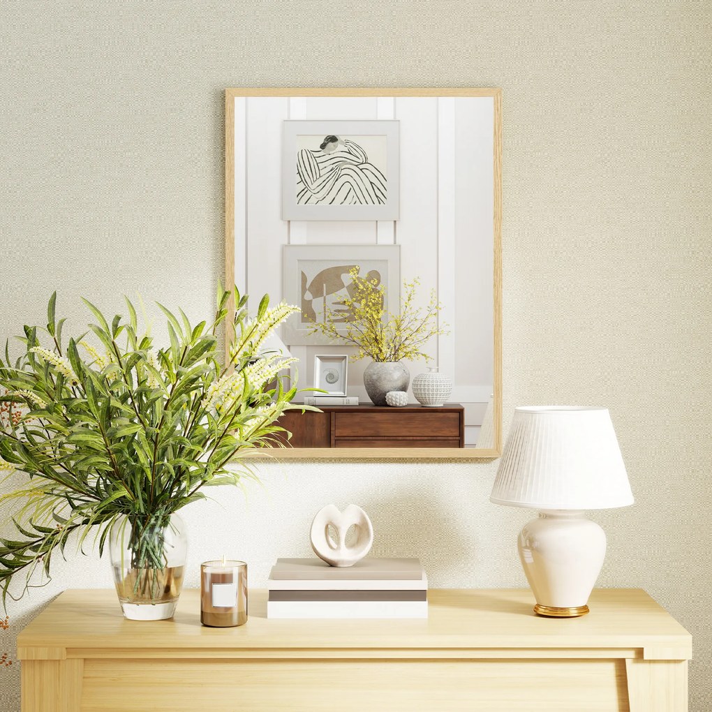 HOMCOM Oglindă de perete dreptunghiulară cu cârlige, din sticlă și MDF, 60x80 cm, finisaj lemn | Aosom Romania