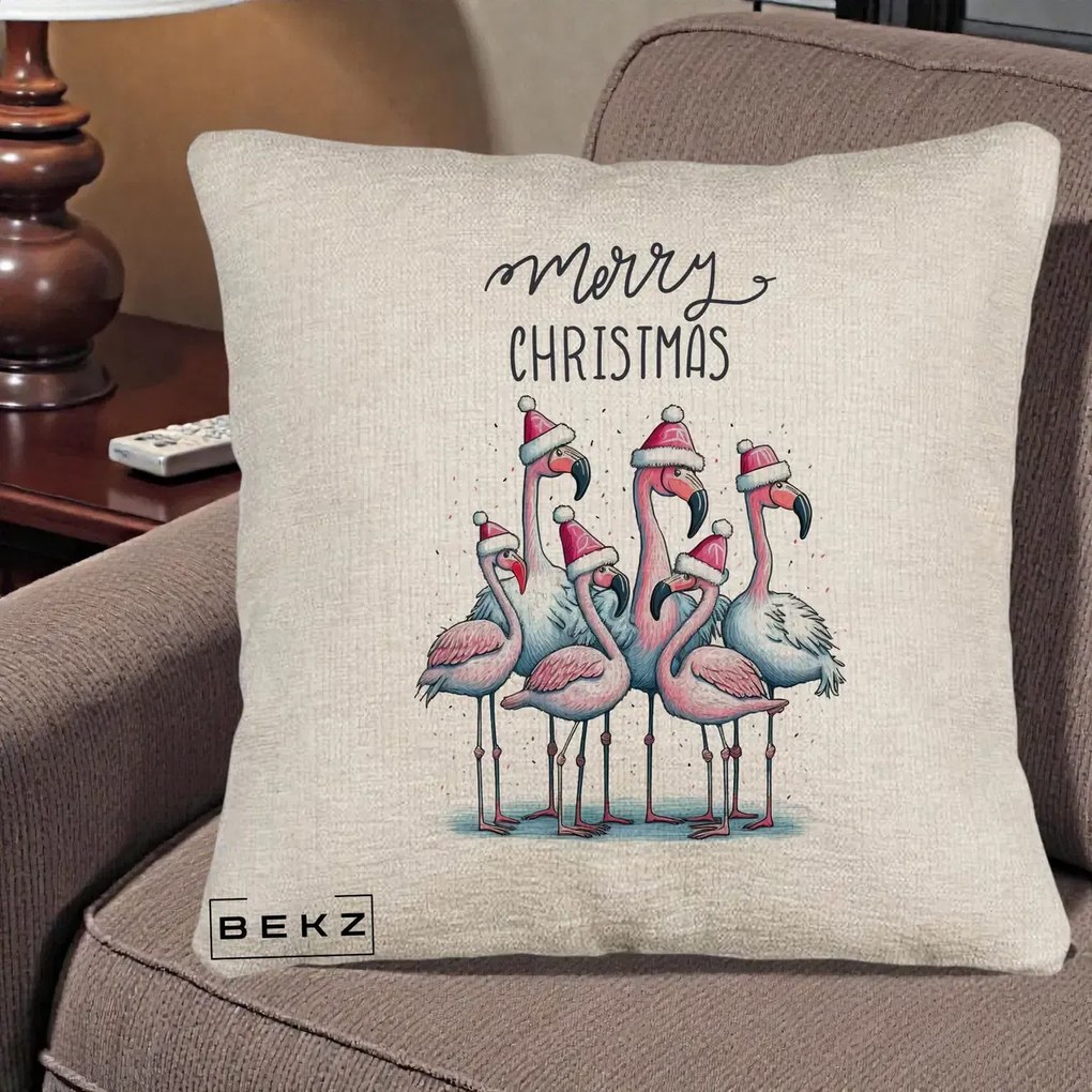 Perna Decorativa Flamingo Merry Christmas, 40x40 cm, Bej Canapea, Husa Detasabila, Perna Inclusa, BEKZ®