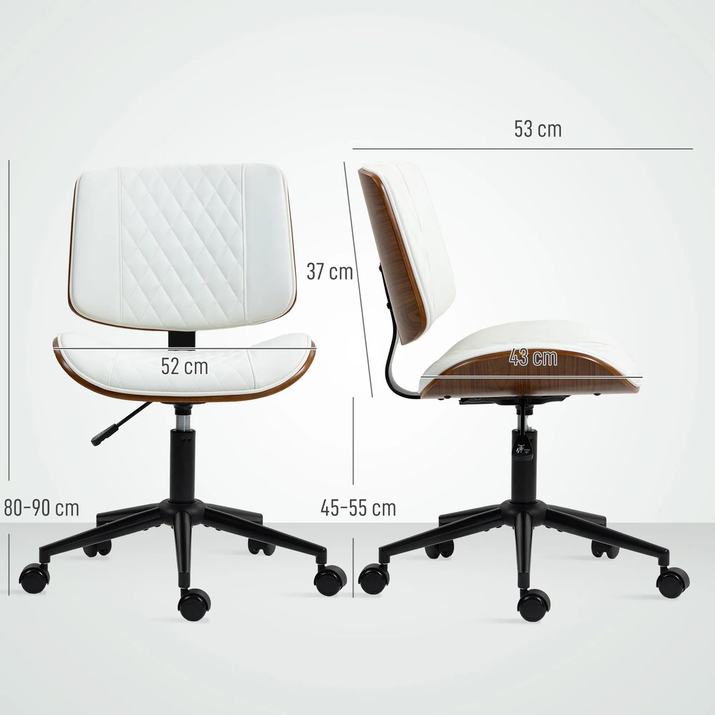 HOMCOM Scaun de birou, înălțime reglabilă, cu role, cusut în formă de diamant 52 x 53 x 80-90 cm Alb | Aosom Romania
