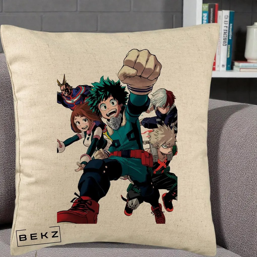 Perna Personalizata My Hero Academia Izuku Deku si Echipa, 40x40 cm, Bej, Husa Detasabila, Perna Inclusa, BEKZ®