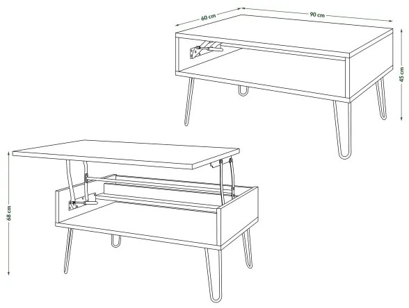 Masă de cafea HALIJA cu mecanism de ridicare a blatului și poliță, gri beton/negru