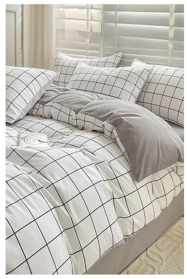 Lenjerie de pat albă/gri din bumbac ranforcé pentru pat de o persoană/extinsă cu cearceaf inclus/cu 3 piese 160x220 cm Checkered – Mila Home