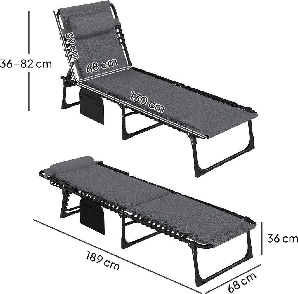 Outsunny Șezlong, șezlong pentru soare cu tapițerie și buzunar lateral, șezlong de grădină, șezlong pentru piscină, șezlong tapițat, Gri | Aosom Romania