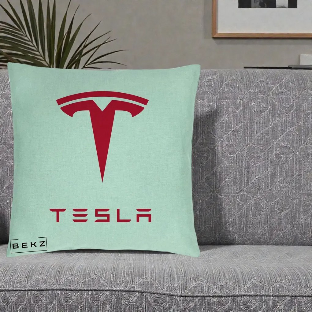 Perna Personalizata cu emblema Tesla, 40x40 cm, Verde Menta, Husa Detasabila, Perna Inclusa, BEKZ®