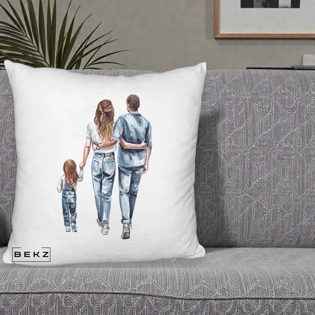 Cadou pentru Familie - Perna Personalizata Familie Acuarela Jeans, 40x40 cm, Alb Pufos, Husa Detasabila, Perna Inclusa, BEKZ®