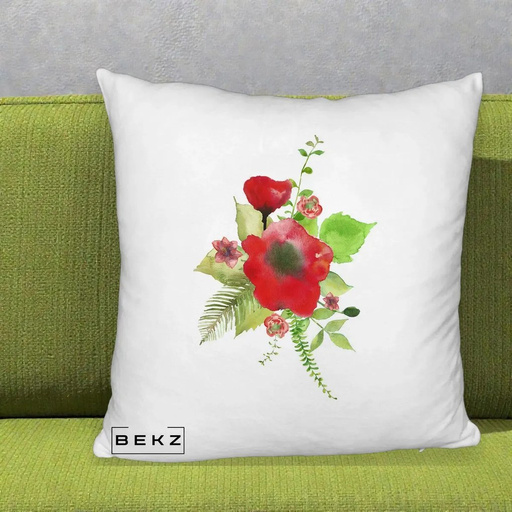Perna Decorativa Buchet Rosu Acuarela, 40x40 cm, Alb Pufos, Husa Detasabila, Perna Inclusa, BEKZ®
