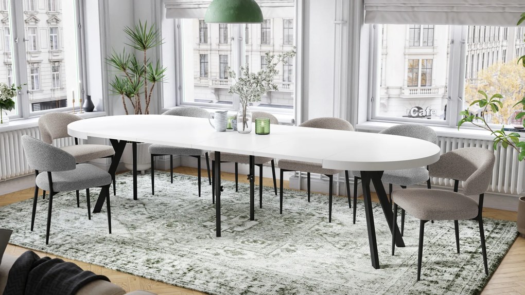 Mazzoni VITO Alb Mat/picioare negre - MASĂ MARE ROTUNDĂ Ø110 EXTENSIBILĂ PÂNĂ LA 310 cm CU PICIOARE "Y" LOFT/INDUSTRIALĂ