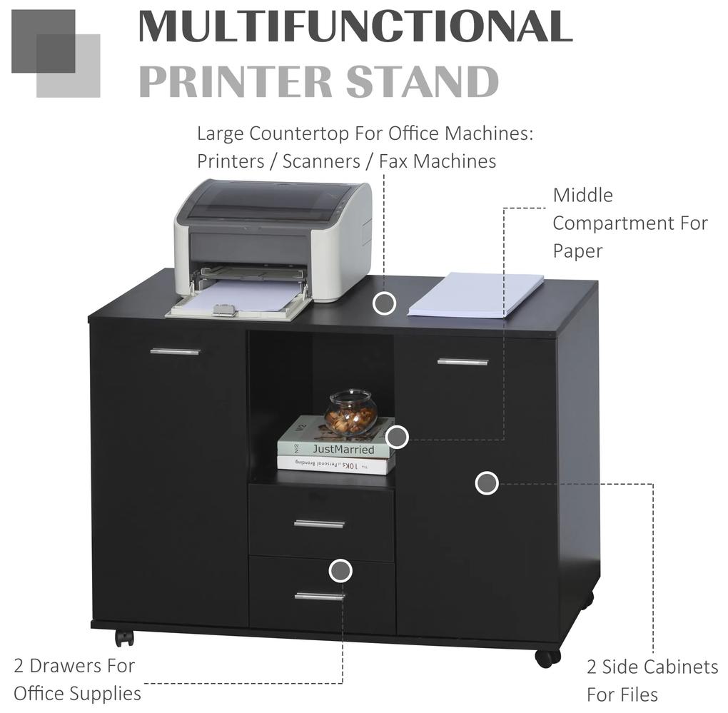 Vinsetto Dulap Mobil pentru Birou, Suport pentru Fax, Scanner, Imprimantă, cu 4 Roti, Design Modern, Negru | Aosom Romania