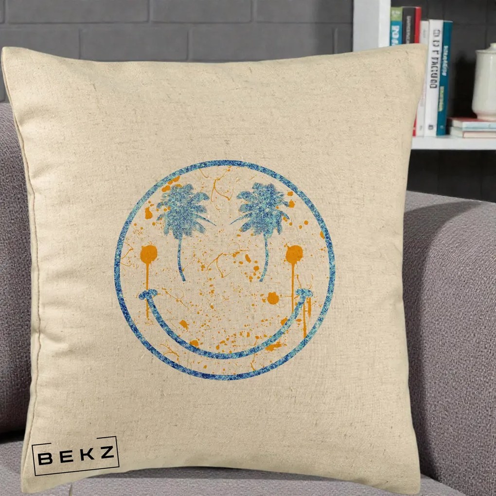 Perna Decorativa Smiley Face Tropical Albastru Glitter si Portocaliu, 40x40 cm, Bej, Husa Detasabila, Perna Inclusa, BEKZ®