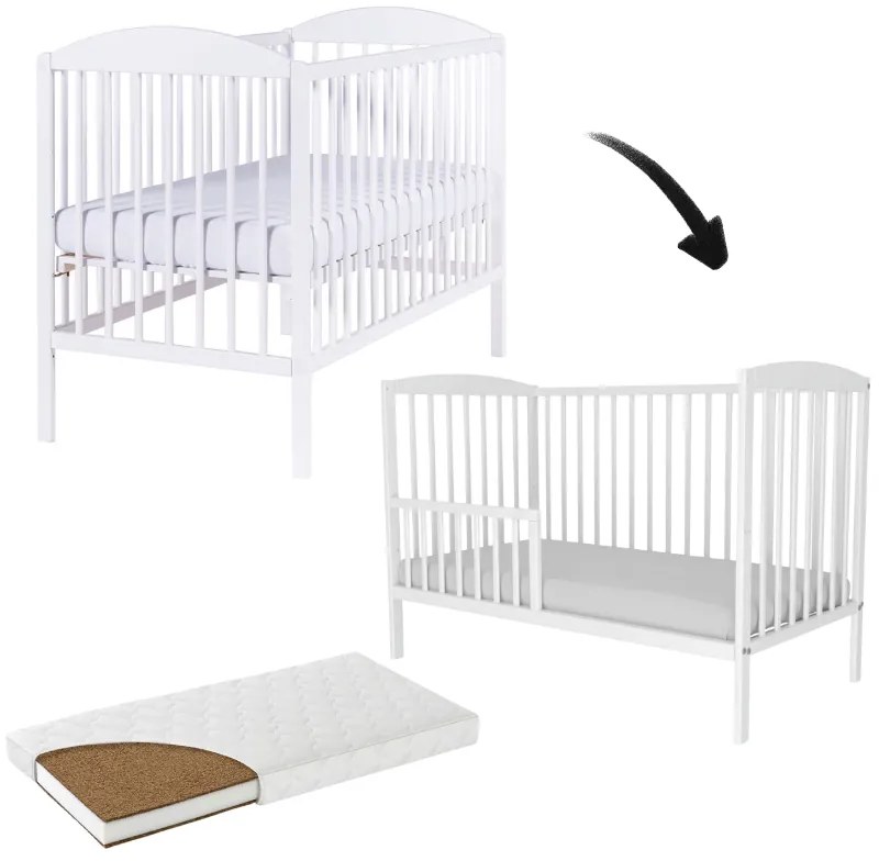 Patut din lemn masiv cu bariera 120x60 cm Kidizi Orella alb si saltea cocos LUX 120x60x12 cm, reglabil pe 3 nivele, certificat EN71