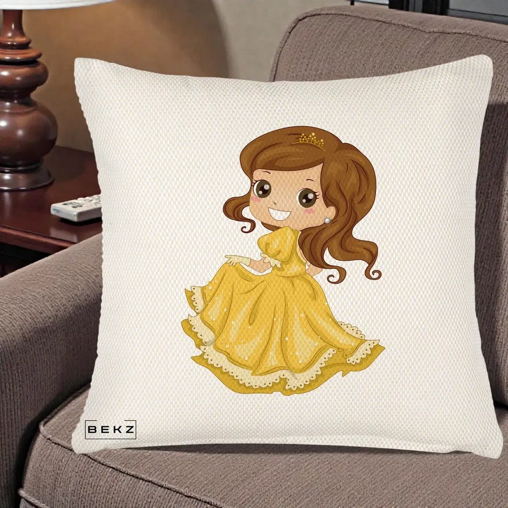 Perna Decorativa Printesa Bella Rochie Aurie, 40x40 cm, Crem Reliefat, Husa Detasabila, Perna Inclusa, BEKZ®